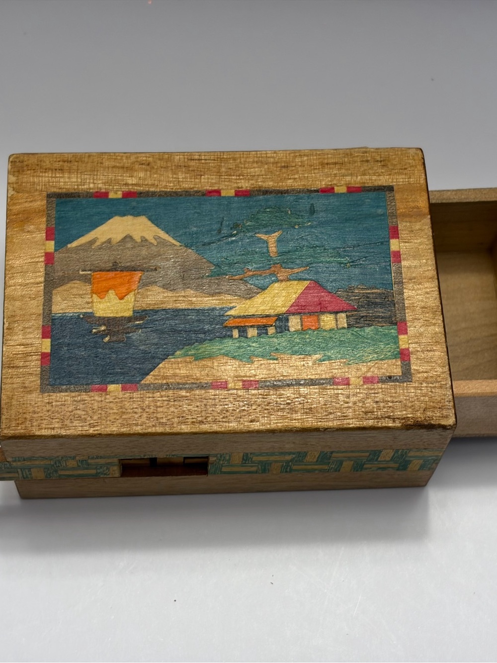 Vtg Japanese Puzzle Box Mt Fuji Marquetry Yosegi Wood Trick Box Spring Drawer